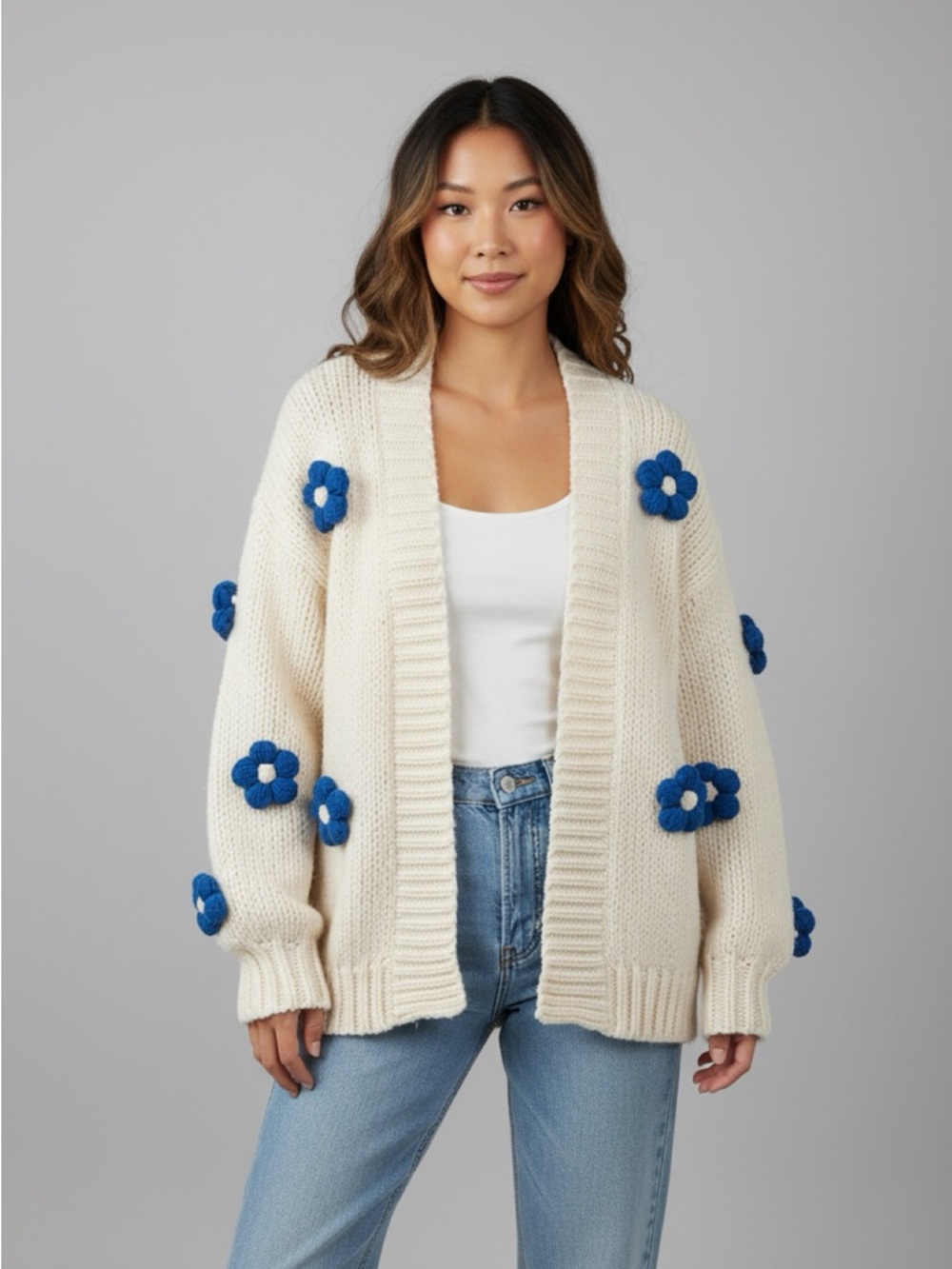 Maeve Cream Open-Front Knit Cardigan with Blue Flower Appliqués